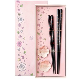 S-86136 Chopsticks, Dishwasher-Safe, Natural Wood, Pair Set, 9.1 inches (23 cm), 8.3 inches (21 cm), Chopsticks Rest Included, Thick Night Cherry Blossoms, Black, Made in Japan