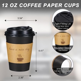 Lamosi 12 OZ Coffee Cups 50 Pack, 12 Ounce To Go Cups with Lids, Stir Sticks and Sleeves, 12 Ounce Disposable Coffee Cup, 12 OZ Black Hot Paper Cup for Home, Travel, Office