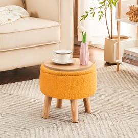 Poofzy Ottoman with Storage, Storage Ottoman, Small Foot Stool Ottoman with Wood Legs, Teddy Velvet Foot Rest for Couch, Living Room and Bedroom - Yellow