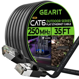 GearIT Cat 6 - Cable Ethernet plano para exteriores (35 pies, negro), con clasificación LLDPE para entierro directo - Red de computadora para juegos RJ45 sin enganches, cable de conexión a Internet