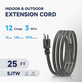 HeyYance 25 Ft Heavy Duty Outdoor Extension Cord Waterproof - 12/3 SJTW 15A 1875W Gray Extension Cable with 3 Prong Grounded Plug, Waterproof Electric Cable for Lawn, Garden, Appliances, UL Listed