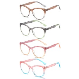 Yuluki 4 Pack Oversized Blue Light Blocking Reading Glasses, Fashion Cat Eye Ladies Computer Readers with Spring Hinge, Anti Glare Eyestrain Eyeglasses for Women +2.0