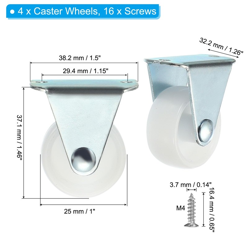 PATIKIL 1" Rigid Caster Wheels, 4 Pack Silent Fixed Non-Swivel