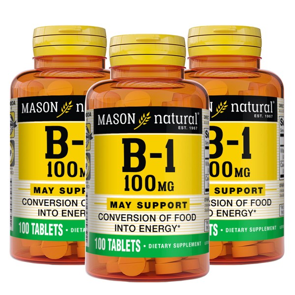 MASON NATURAL Vitamin B1 (Thiamin) 100 mg - Healthy Conversion of Food into Energy, Supports Nerve and Immune Health, 100 Tablets (Pack of 3)