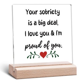Sobriety Gifts for Women Men 1 2 3 4 5 Year Sober Gifts Acrylic Plaque Recovery Inspirational Present Anniversary Congratulations Clear Desk Decorative Acrylic Plaque with Wooden Stand Office Decor