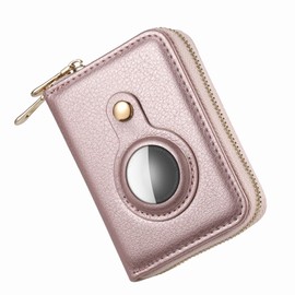 TopFunny AirTag Credit Card Holder Wallet for Men Women Air Tag RFID Blocking Leather Cash Cards Organizer Zipper Wallet Case, Rose Gold, Minimalist