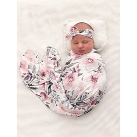 Terriboo Newborn Floral Print Blanket Baby Stretch Wrap Swaddle Blanket Receiving Blanket with Matching Headband and Beanie (Ink Pink)