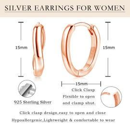 Loutade 925 Sterling Silver Twisted Hoop Earrings for Women Girls, Hypoallergenic Rose Gold Oval Huggie Earrings for Sensitive Ears, Minimalist Cartilage Sleeper Ear Hoops Trendy Jewelry Gifts