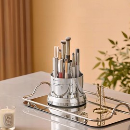 DASITON 360° Rotating Makeup Brush Holder,Covered Dustproof Makeup Brushes Organizer,7 Slot Makeup Brushes Cup,for Vanity Decor,Bathroom Countertops,Cosmetic Display cases（Silver）