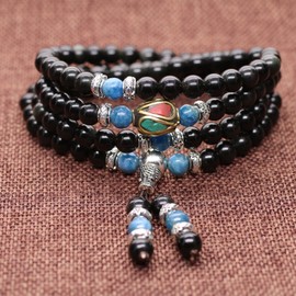 coai® 108 Beads Multilayer Blue Kyanite and Obsidian Malas Prayer Beads Bracelet 6mm