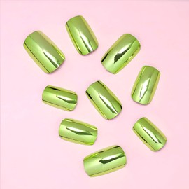 BFY Press on Nails Short Square, Green Chrome Fake Nails, Mirror Metal Acrylic Nails Set Stick Glue on Nails, Shiny Glossy False Nails Elegant Women Girls Nail Accessories Decorations 24 Pcs