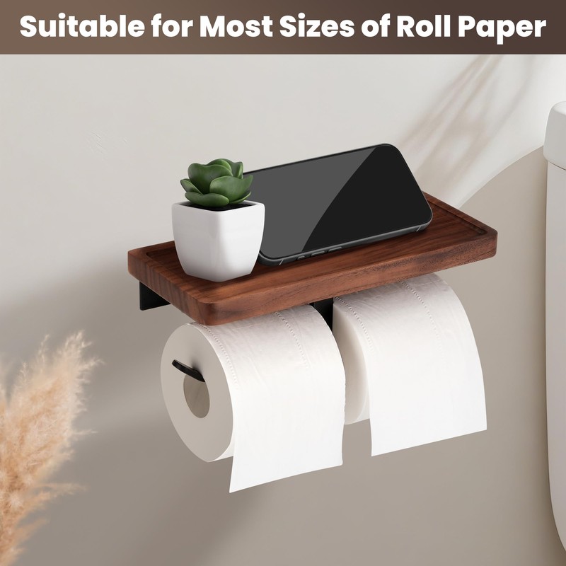 TOKCKYBL Double Toilet Paper Holder with Walnut Wood Shelf -