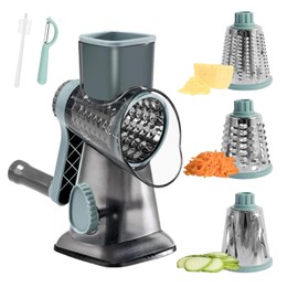 Rotary Cheese Grater, Uthvouxy Cheese Shredder with Strong Suction Base,Cheese Grater with Hand Crank for Kitchen with 3 Changeable Blades for Cheese,Vegetables,Nuts,Chocolate(Blue)