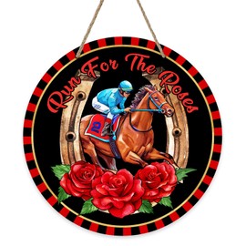 Deroro Run for The Rose Horse Racing Front Door Sign, Kentucky Derby Jockey Horseshoe Wood Door Hanger Outdoor Outside Porch Decor, Black Red Wooden Wreath Indoor Wall Hanging Decoration