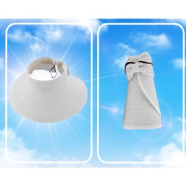 Straw Sun Summer Visor for Women, Female Wide Brim UPF 50+ UV Protection Topless Hat, Ladies Adjustable Roll UP Messy Bun Ponytail Cap, Foldable Packable Beach Travel Hat, White