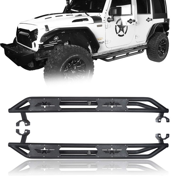 V8 GOD JKU Running Board Side Step Nerf Bar Rock Slider Rail w/Star Logo Compatible with Jeep Wrangler 2007-2018 JKU Unlimited 4-Door (Sold As Pair)