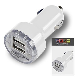 Compact Bullet DUAL Small Fast Travel 1 x 2000 mAh & 1 x 1000 mAh In Car Charger USB Adapter with LED Light compatible with LG K50S 2019 - WHITE