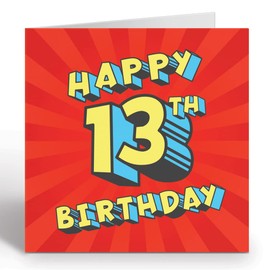 GIGGLE GREETINGS Super Hero Text Birthday Card For 13 Year Old Girl or Boy - 13 Year Old Birthday Card With Yellow Envelope - Eco Friendly Card