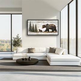 Bear Wall Art, Farmhouse Brown Bear Pictures Wall Decor, Rustic Wild Animal and Forest Canvas Prints Painting, Large Framed Artwork For Bathroom Living Room Office Bedroom 60"x 30"