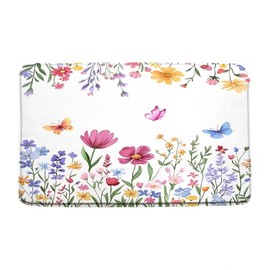 Floral Bath Mat Colorful Flower Butterfly Watercolor Wildflower Plant Nature Spring Blossom Botanical Aesthetic Art Bathroom Decor Rug Floor Carpet