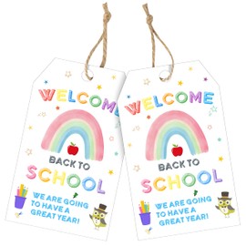 Back to School Gift Tags,50 PCS Welcome Back to School Gift Tags with 10m String, First Day Back Tag for Students, Teachers, and Classroom Treat Bags