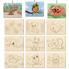 COCHIE 10 Pieces Large Cute Animals Unfinished Wood Crafts to Paint for Kids Adults, Bulk Predrilled Wooden Ornaments for Painting, Animal Paintable Wood Slices Craft Supplies with Ropes