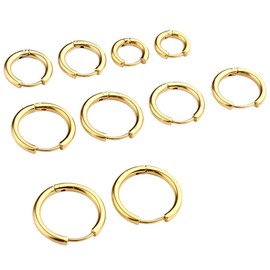 JOVIVI 10pc Stainless Steel Gold Tone Endless Huggie Hoop Earrings for Cartilage Women, Sizes 8, 10, 12, 14 & 16mm