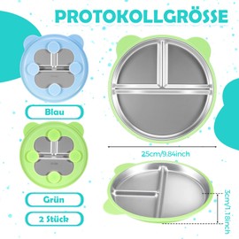 wlertcop 2 Stück Edelstahl Babyteller mit Saugnapf,23cm Edelstahl Teller Baby,Mit Entfernbarer Silikon Saugnapf, Rutschfest Geteilte Standfeste Esslernteller Geteilte Teller BPA Frei (Blau, Grün)