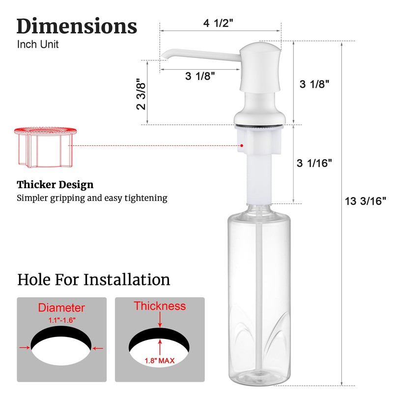 White Sink Soap Dispenser for Kitchen Sink (White), Built-in and