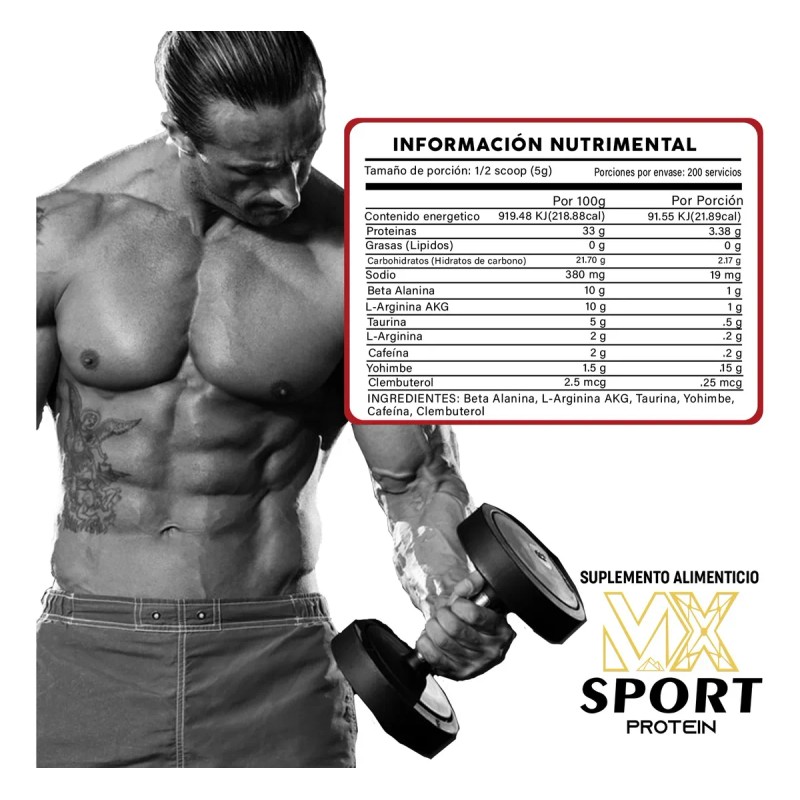 Óxido Nítrico + Clembuterol Mx Sport 1kg Pre Entreno Sabores