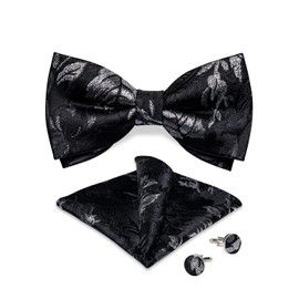 DiBanGu Mens Black Silver Pre-Tied Bow Tie Adjustable Bowtie with Pocket Square Cufflinks Formal for Wedding Tuxedo