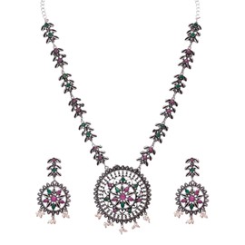 Efulgenz Oxidized Indian Jewelry Necklace Sets Oxidized Choker Necklace Earrings Set Indian Oxidized Jewelry Antique Boho Multicolor Crystal Faux Pearl Round Leaf Floral Necklace Dangle Earrings