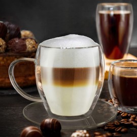 Creano Thermotasse, Extra Großes doppelwandiges Glas-mit Untersetzer, XXL Glastasse mit Henkel | 400ml im Geschenkkarton