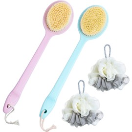 Cepillo corporal,cepillo corporal para baño,cepillo para la espalda ducha, 2 cepillos. El diseño con mango largo doblado ayuda a limpiar la espalda. Con 2 bolas de baño