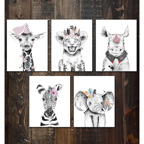 Stickerbrand Nursery Safari Baby Animal Posters (Set of 5) Prints. Baby Elephant, Giraffe, Rhino, Lion and Zebra. Unframed. Great Gifts for Baby Shower, Kids Bedroom or Bathroom Decor. #P1022