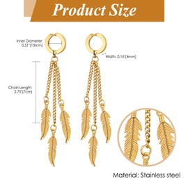 Flongo Women's Feather Dangle Hoop Earrings: Dainty Feather Clip On Earrings Gothic Long Chain Hinged Huggie Earrings Non-Pierced Dangle Earrings Charms Stainless Steel Earrings Gold