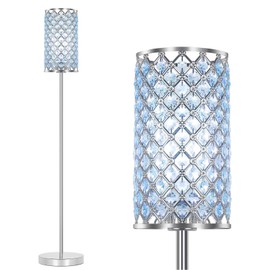 Floor Lamp for Living Room, Crystal Floor Lamp Girl Bedroom Lights, Silver Standing Lamps with Teal Shade, Elegant Standing Light Tall Pole Lamp for Bedroom, Dresser, Office (E26 Base)