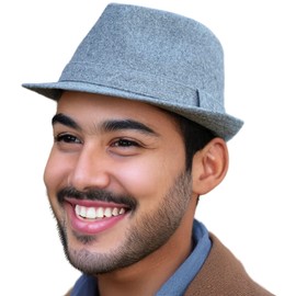 Funky Junque Men's Premium Wool Blend Fedora Hat, Vintage Trilby Short Brim Felt Teardrop, Light Grey