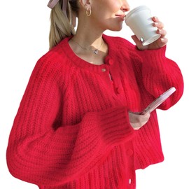 JOLLYBUYER Women's Knitted Crop Cardigan Sweaters Button Down Fall Open Front Chunky Loose Casual Cardigan Red