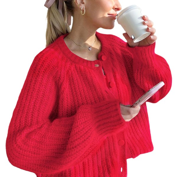 JOLLYBUYER Women's Knitted Crop Cardigan Sweaters Button Down Fall Open