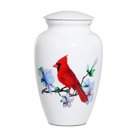 ICOKEE Adult Urn for Human Ashes, Red Cardinal Cremation Urn, White Funeral Urn, Decorative Urn, Large Memorial Urn with Velvet Bag, up to 200 Lbs Capacity