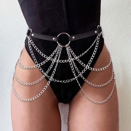 COSYDAYS Punk Leather Waist Chain Belt Black Harness Body Chain Ring Party Layered Belly Chains Rave Outfits Body Chain Jewelry for Women and Girls