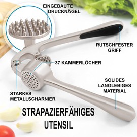 lisetar Küche Knoblauchpresse Mit Weichem, Leicht zu Drückendem Griff - Enthält Silikon-Knoblauchschäler & Reinigungsbürste - 3-Teiliges Knoblauch-Zerkleinerungswerkzeug - Garlic Press - (Silber)