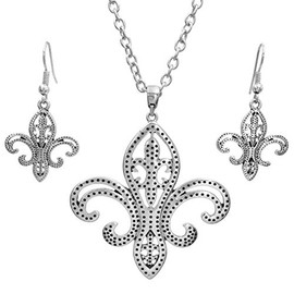 Gypsy Jewels Fleur De Lis Simple Open Fancy Swirl Dot Vintage Look Chain Necklace & Dangle Earrings Set (Silver Tone)