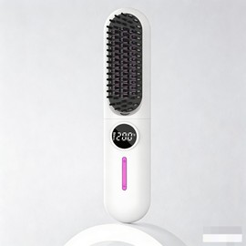 Hair Straightener Brush, 7 Temperature Settings (140℃-200℃) Electric Straightening Comb with LED Display, Dual Battery & Auto-Shutoff, Anti-Frizz Hair Styling Tool for All Hair Types (White)