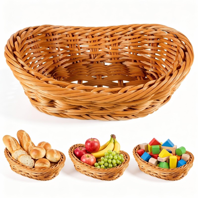 Small Poly Wicker Woven Bread Basket, Plastic Wicker Serving Basket
