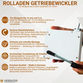 Roller Shutter Gear Winder with Crank, Roller Shutter Crank Winder [Made in Germany], Belt Winder for Straps up to 16 mm, with Automatic Threading and Backstop - Craftsman Quality