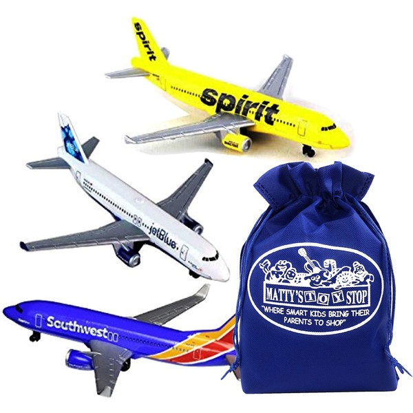 Daron Southwest, JetBlue & Spirit Airlines Die-cast Planes Gift Set Bundle with Bonus Matty's Toy Stop Storage Bag - 3 Pack