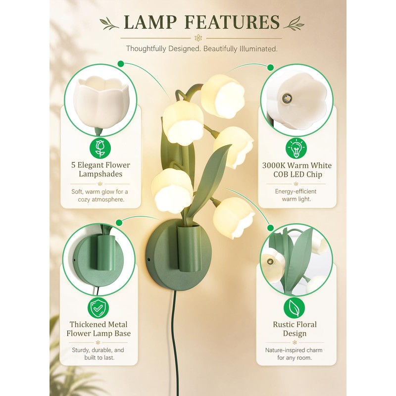 WERFOP Lily of The Valley Wall Sconce USB Plug-in Flower