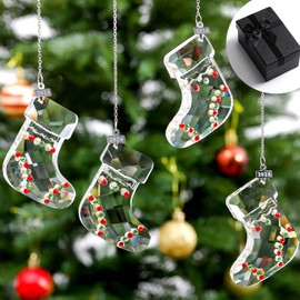 Beeveer 4 Pcs 2024 Christmas Stocking Crystal Ornaments Clear Faceted Rhinestones Christmas Stocking Decorations with Gift Box Tree Fireplace Window Room Hanging Decor